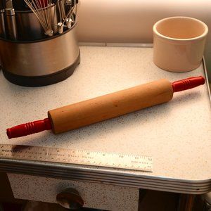 vintage antique wood rolling pin red handles